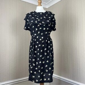 Vintage Whistles Silk Ruffle Floral Dress Fit & Flare Waist Tie Black Yellow 6
